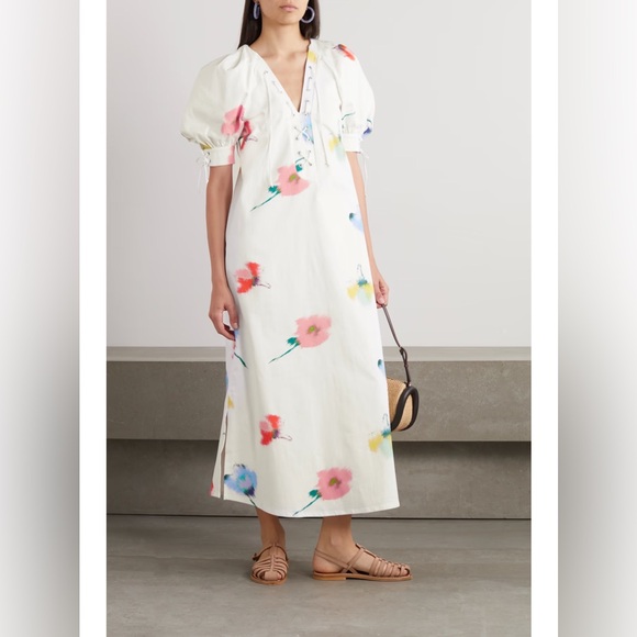 SLEEPER Garden Floral-print Cotton-blend Midi Dress In White size M - Picture 1 of 14